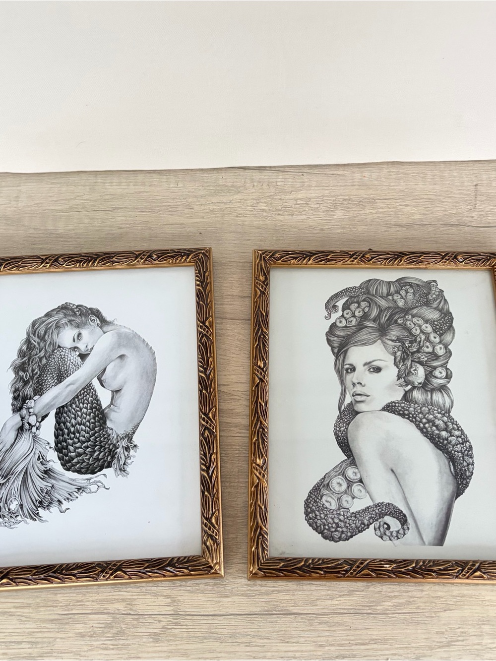 2 Mermaid Painting Drawing Art Framed Wall Art Ethereal Feminine Whimsy 8x10